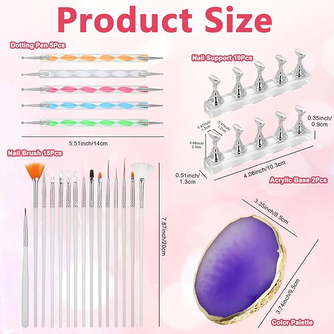 Nail Art Tools Set, 15Pcs Nail Art Brushes White Gel Brush Purple Color Palette Polish Mixing Plate Acrylic Stands for Painting 5Pcs Double-Ended Dotting Pen Design Tools Kit for DIY Manicure