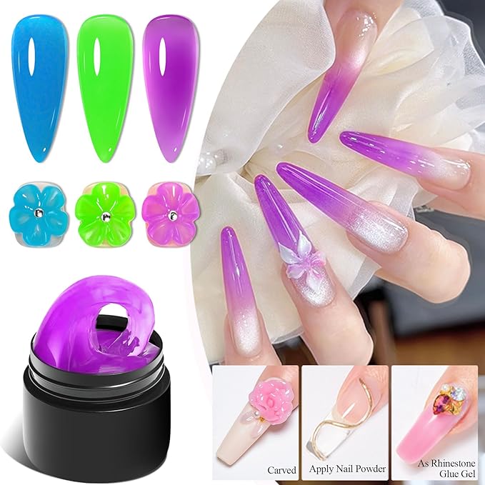 MEET ACROSS Solid Builder Gel Kit, 3 Colors Thickening Neon Blue Breen Purple Nail Strengthener Builder Gel Kit with Brush Pen Soak Off UV Nail Extension Manicure Supplies