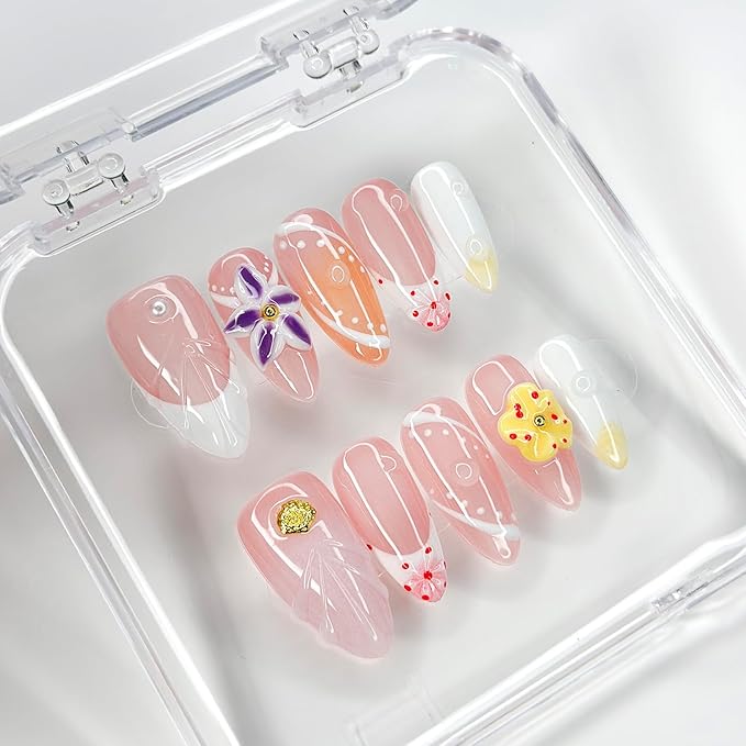 Luxury Press on Nails Medium Almond Handmade 3D Unique Reusable ABS Material Fake Nails French Tip False Nails with Designs Yellow&Purple Floral Art Petal Glossy Glue on Nails Thick Acrylic Nails(M)