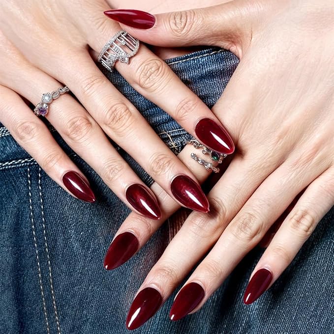 GLAMERMAID Cherry Red Press on Nails Medium Almond, Handmade Jelly Soft Gel Dark Red Glue on Nails Stiletto, Burgundy Emo Fake Nails Short Oval, Reusable Acrylic Stick on False Nails Kit for Women