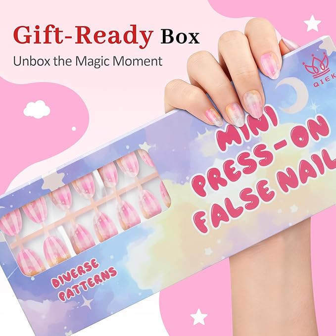 16 Sizes Press on Nails Kit for Kids - 32 Pieces French Almond Fake Nail Tips for Girls 8-12 Years Old with Jelly Nail Adhesives & No-Lamp Nail Glue, Birthday Christmas Gifts(Dream Stars Cloud)