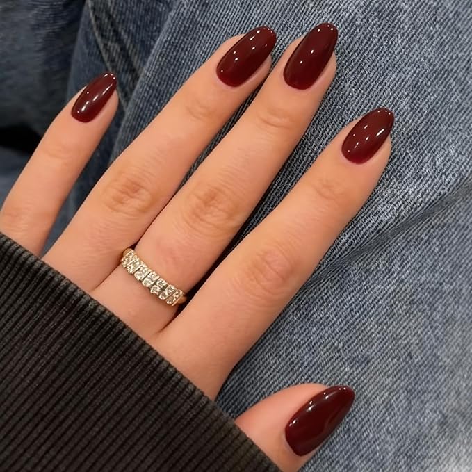 Modelones Dark Red Press on Nails Almond, Short Almond Fake Nails, Reusable Nail Kit with Nail Glue Adhesive Tabs Mini Nail File, Nails Press Ons 32Pcs16 Sizes, Women Girl Gift