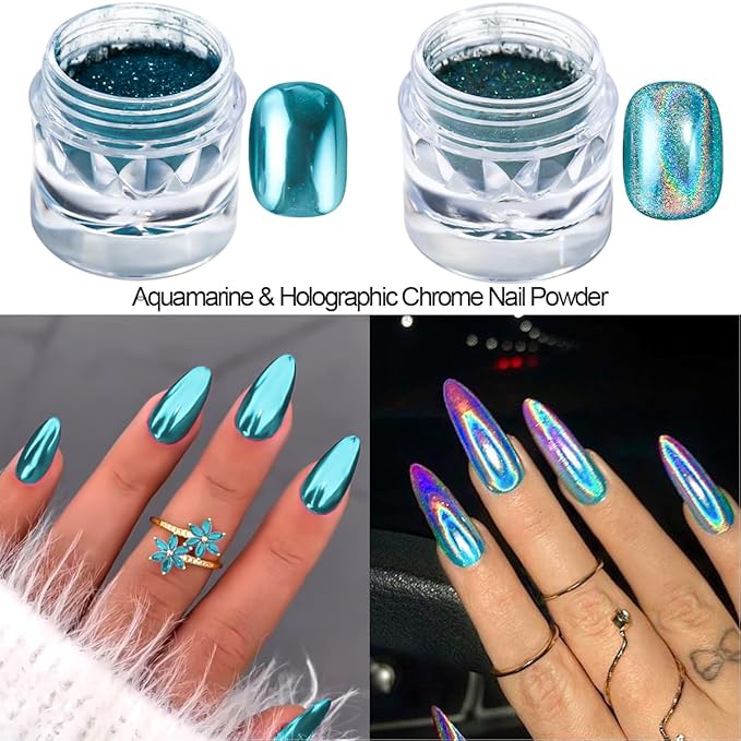 3D Gel Nail Art & Chrome Nail Powder Kit, Metallic Mirror Effect Holographic Aurora Iridescent Chrome Pigment Glitter Dust and 10g Clear 3D Sculpting Gel for DIY Nail Art (Lake Blue)