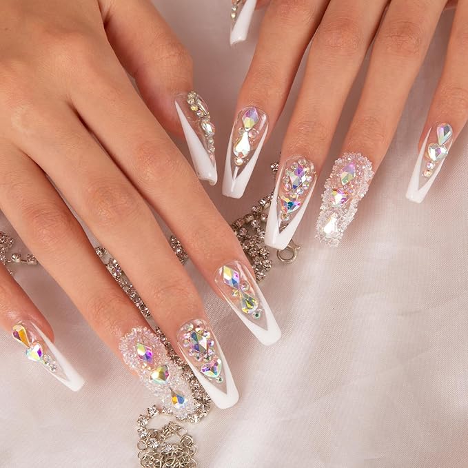 LOVFUL Press on Nails Aurora Light | Handmade with Full Covered Crystals | Reusable Fake Nails | Coffin Classic Regular 1.3 in | H36-M