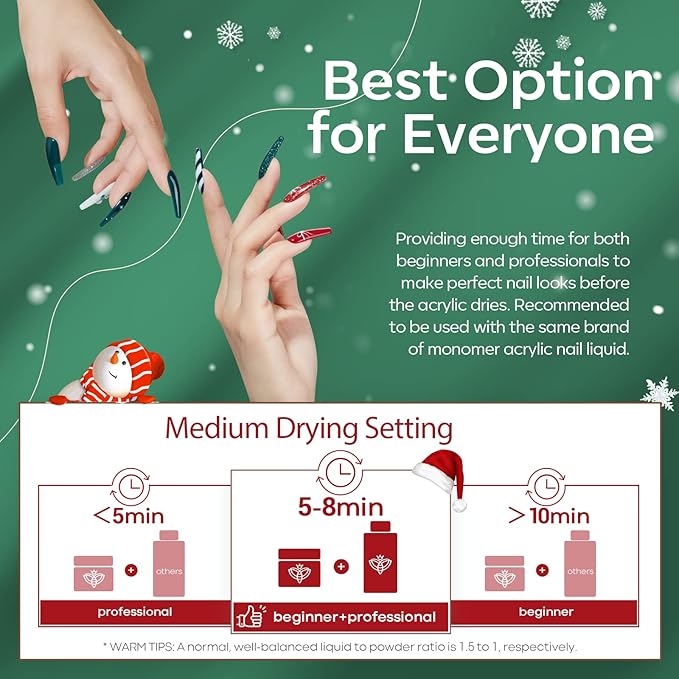 Modelones Christmas Colors Acrylic Powder Kit - 6 Colors Golden Glitter Yellow Green Dark Red Sliver Christmas Eve Cover Powder for Nail Art Extension - No Lamp Needed