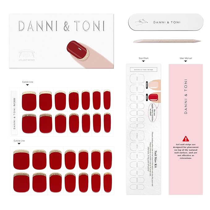 DANNI & TONI Semi Cured Gel Nail Strips Scarlet Red Gel Nail Wraps Gold Reverse French 28 Stickers |Gilded Velvet