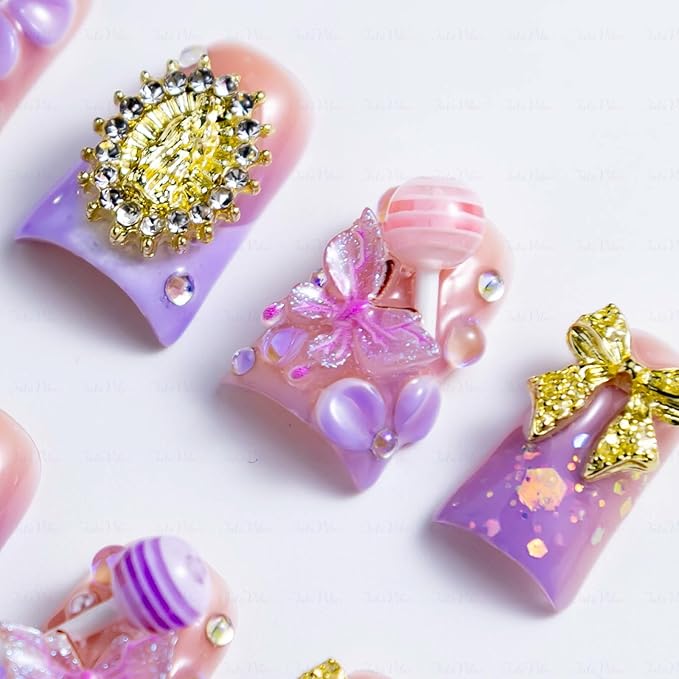 10 Pieces Luxury Acrylic Press On Nails Short Handmade Duck Nails, Pink And Purple Thickened False French Nails, Golden Bowknots, 3D Flowers And Lollipops, Reusable Acrylic Nails (L)