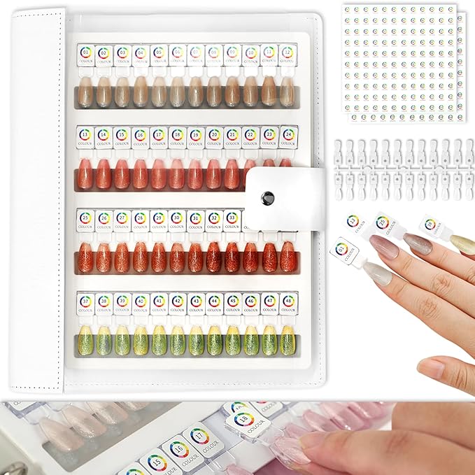 96 Magnetic Nail Color Book,Leather Magnetic Color Display Book with 96PCS Magnetic Tips & 1-120 Number Labels,Perfect for Nail Polish Nails Art Design(White)