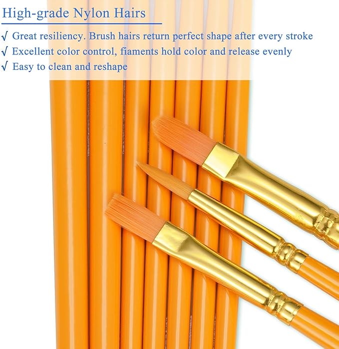 BOSOBO Paint Brushes Set, 10 Pieces Round Pointed Tip Paintbrushes Nylon Hair Artist Acrylic Paint Brushes for Acrylic Oil Watercolor, Face Nail Body Art, Miniature Detailing & Rock Painting, Orange