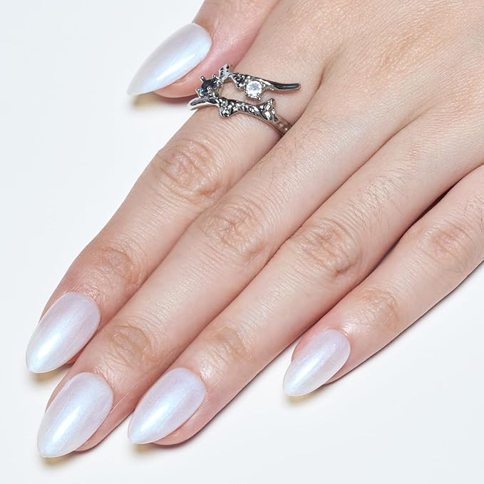 GLAMERMAID Pure White Pearl Press On Nails Short Almond, Glazed Donut Handmade Soft Jelly Gel Fake Nails, Glossy Neutral Round Oval Stick Glue on Nails Kit for Women, Reusable Acrylic False Nail Set