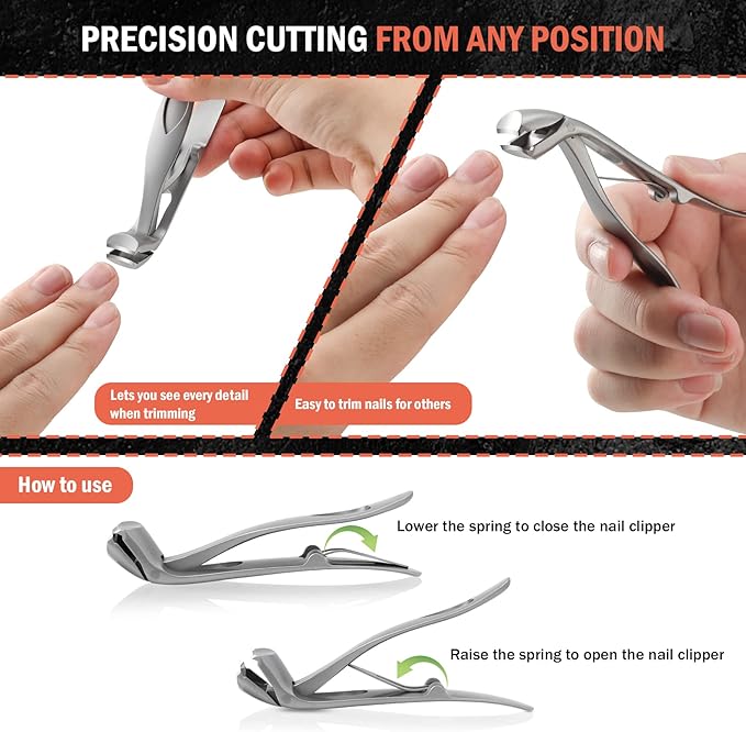 BEZOX Angled Head Nail Clippers for Seniors - Ergonomic Toenail Clipper for Thick Nails, Premium Steel Nail Cutter Trimmer with Catcher for Men and Women - Silver