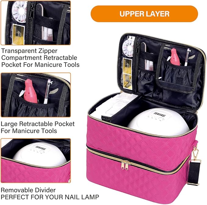 Nail Polish Organizer Case Holds 40 Bottles(15ml/0.5fl.oz) and Nail Lamp, Double Layer Nail Polish Storage with Adjustable Dividers,Portable Carrying Bag for Nail Kit, Manicure Tools Rose Red