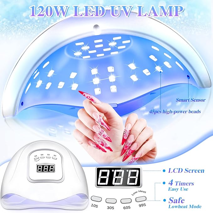 Acrylic Nail Kit Set Professional Acrylic with Everything, 120w LED UV Nail Lamp for Builder Gel, 52 Colors Glitter Acrylic Powder and Monomer Acrylic Nail Liquid for Beginners with Acrylic Brushes