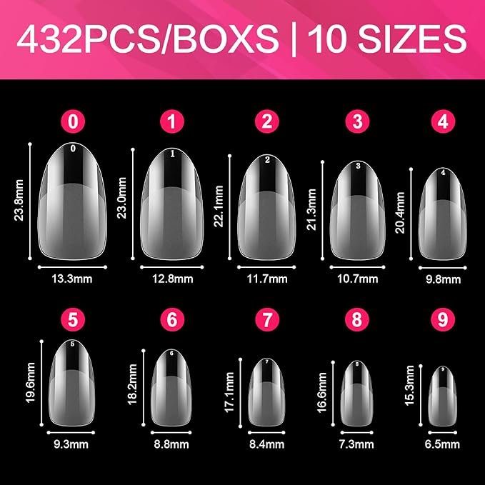 AIMEILI False Nail Tips 432PCS Short Almond Round Full Cover Nail Tips for Soak Off Nail Extension, Acrylic False Press on Nails with Box for Nail Art Salon and Home DIY, 10 Sizes