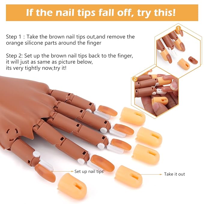 LIONVISON Practice Hand for Acrylic Nails-Flexible Moveable Fake Hand for Nail Practice, False Nail Mannequin Hands Training with 200PCS Replacement Tips and 1 Clipper