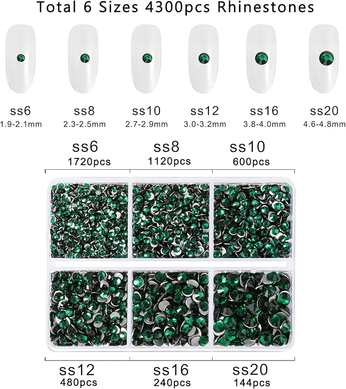 Beadsland 4300pcs Flatback Rhinestones,Green Rhinestone Nail Gems Round Crystal Rhinestones for Crafts,Mixed 6 Sizes with Picking Tweezers and Wax Pencil Kit, SS6-SS20,Emerald