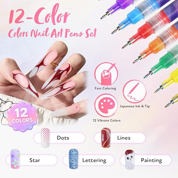 12 Colors Nail Art Pens Set, 2026 New Nail Art Markers with 0.5mm Fine Tip, Waterproof & Quick-Drying Nail Art Pens for Painting Nails, DIY 3D Nail Art Design, Portable Nail Tools for Home Salon