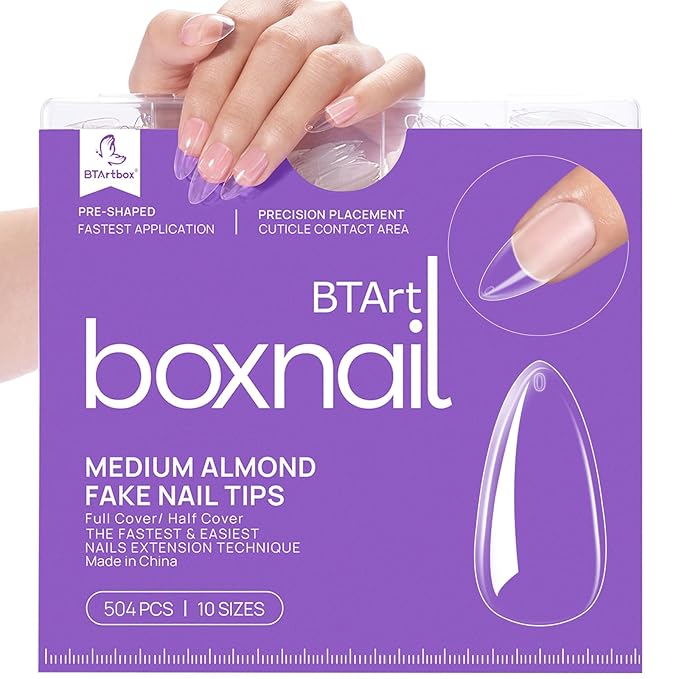 BTArtbox 500pcs Almond Nail Tips - Full Cover with Case for Nail Salons and DIY Nail Art, 10 Sizes