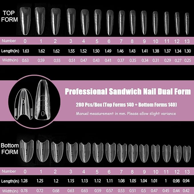 280 Pcs Original Sandwich Nails Dual Form with Guide Lines Almond Round Nail Mold for Builder Gel Nail Extensions Art Design Salon DIY at Home