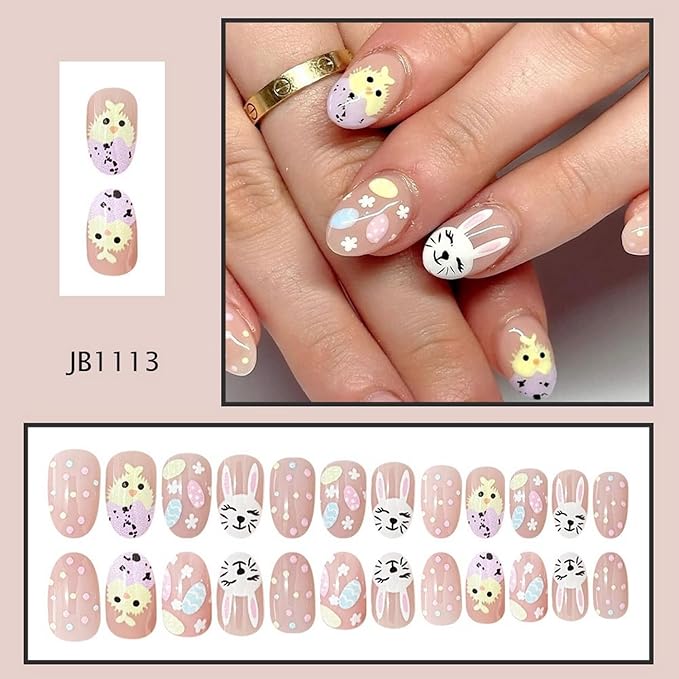 Easter Cute Rabbit Press on Nails Short Almond Fake Nail Bunny & Easter Eggs Designs Full Cover Cartoon Chick Acrylic Nails Stick on Nail for Women Nail Art Style Fingertip Manicure 24 Pcs