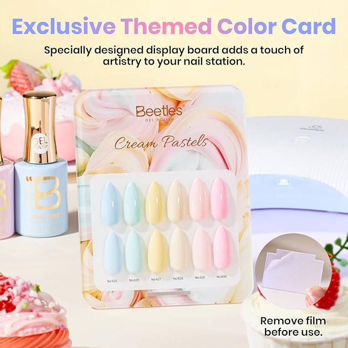 beetles Pastel Gel Polish Set- Cream Patels HEMA-Free Gel, 6 Colors 15ml Pastel Yellow Pink Blue Spring Shades, Salon-Quality Long Lasting Soak Off UV LED Nail Gel with Swatch Card