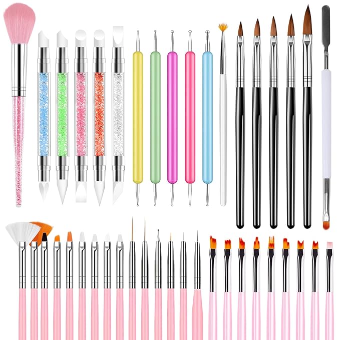 42PCS Nail Art Brushes, Nail Art Tool Set, Including Nail Brushes, Striping Nail Art Liner Brushes, Nail Drawing Brushs, Nail Dotting Pens, Silicone Sculpture Pens for Home Salon Nail Design