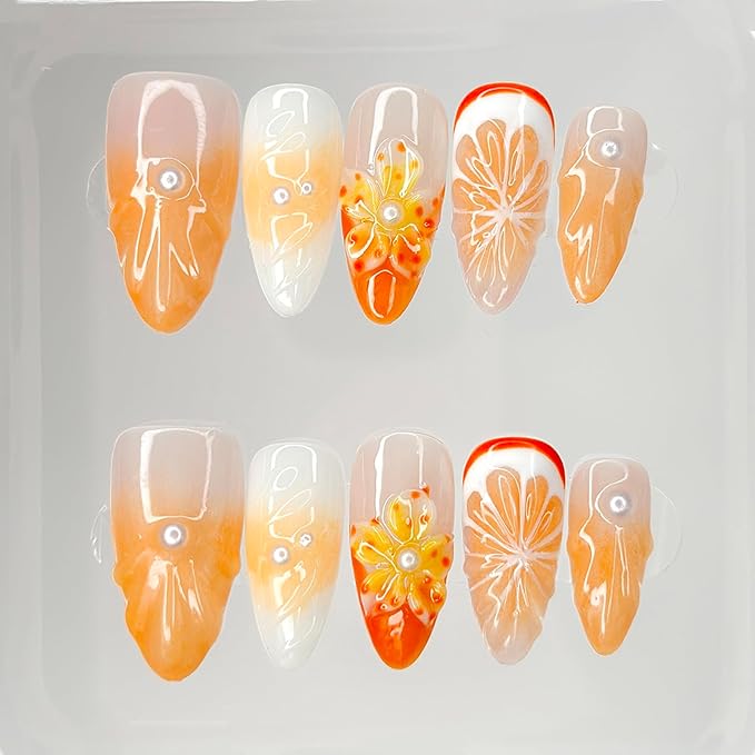 Luxury Press on Nails Medium Almond Handmade 3D Unique Reusable ABS Material Fake Nails Orange False Nails with Designs Pearls Floral Art Petal Glossy Glue on Nails Thick Acrylic Nails(S)
