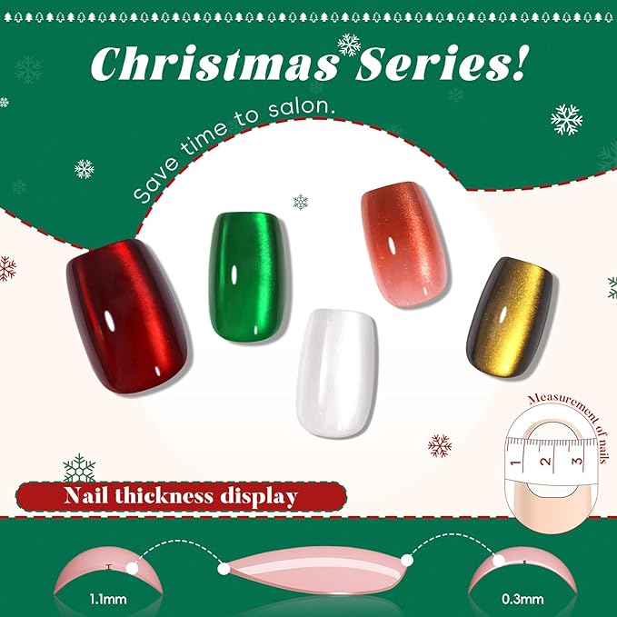 Christmas Press on Nails Short Square Set, 150pcs Jelly Glass Mirror Chrome Cat Eye Nails, Shimmer Snow White Glitter Cherry Red Ruby Holographic Elk Brown Sparkle Green Nails with Stickers