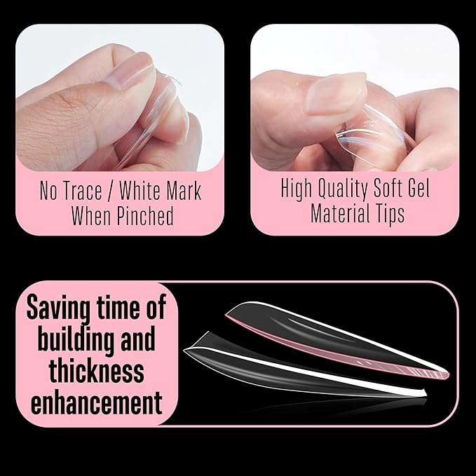 NOVO OVO Halloween Sculpted XXL Stiletto Almond Nail Tip for Curved Nail Beds, Extra Thick Long False Nails Press on, Full Cover Soft Gel Extension Fake Nail for Acrylic kit, Clear X 15 Sizes 300pcs