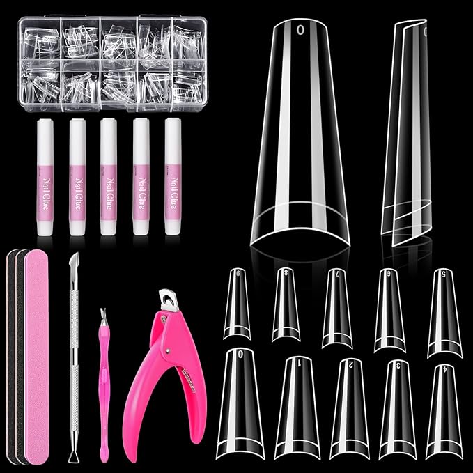 MORGLES Half Cover Coffin Nail Tips Set, 500 Pcs Clear Acrylic Nail Tips, with Glue, Clipper, Files, Cuticle Pusher and Fork for Salons and Home DIY with Box