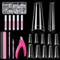 MORGLES Half Cover Coffin Nail Tips Set, 500 Pcs Clear Acrylic Nail Tips, with Glue, Clipper, Files, Cuticle Pusher and Fork for Salons and Home DIY with Box