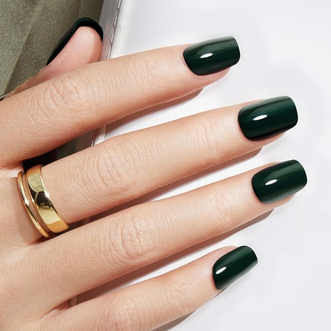Modelones Dark Green Press on Nails, Short Square Fake Nails, Reusable Nail Kit with Nail Glue Adhesive Tabs Mini Nail File, Nails Press Ons 32Pcs 16Sizes, Women Girl Gift