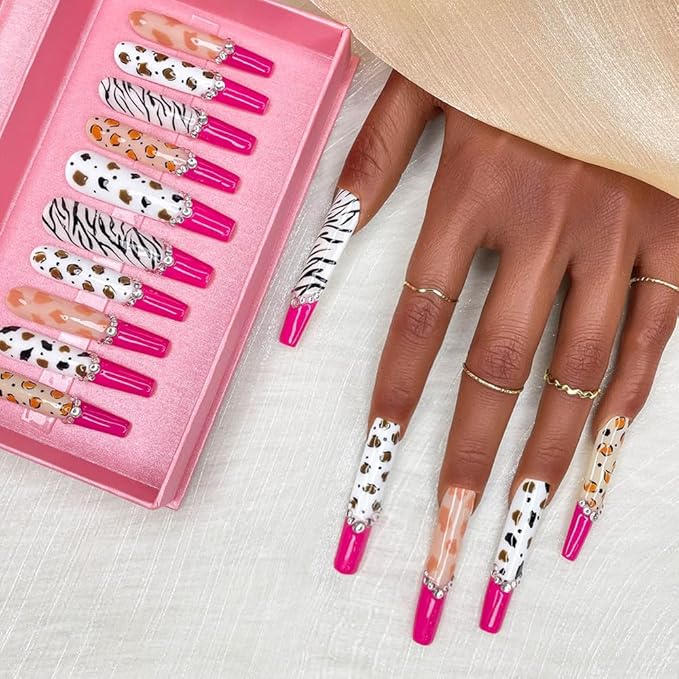2025 100% Handmade Nails Long and Reusable PMMA Acrylic Press on Nails With Rhinestone Zebra French Design Reusable Full Coverage Fake Nails Handmade Nails Ladies Fake Nail Set (Zebra, M)
