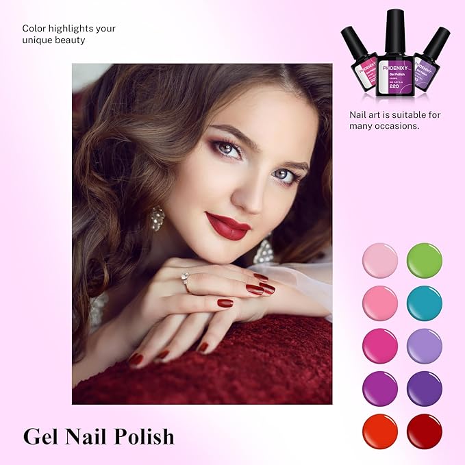 PHOENIXY 24 PCS Gel Nail Polish, Purple Colors Gel Nail Polish Set with Base Glossy Matte Top Coat Black Red Nail Kit Gifts for Women (PCB9028)