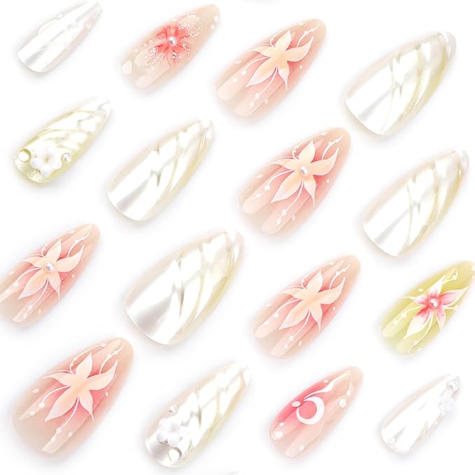 Almond Press on Nails Medium Fake Nails Ombre with 3D Flower Design Glossy Full Cover False Nails for Women Manicure 24Pcs