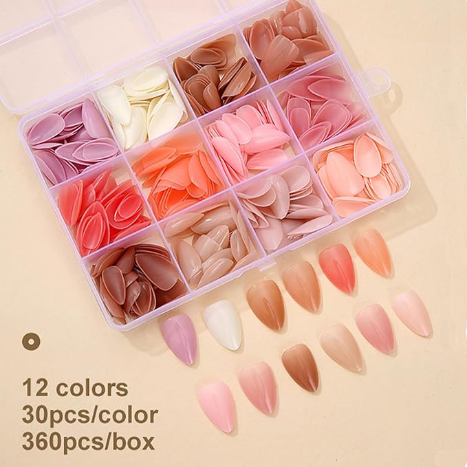 12Packs 360Pcs Almond Press on Nails Short Almond Fake Nails Solid Color False Nail Tips Glossy Nature Acrylic Nails Press on Nude Nail Art for Women Girls Daily Wear Manicure Deco 15 Size - 12 Colors