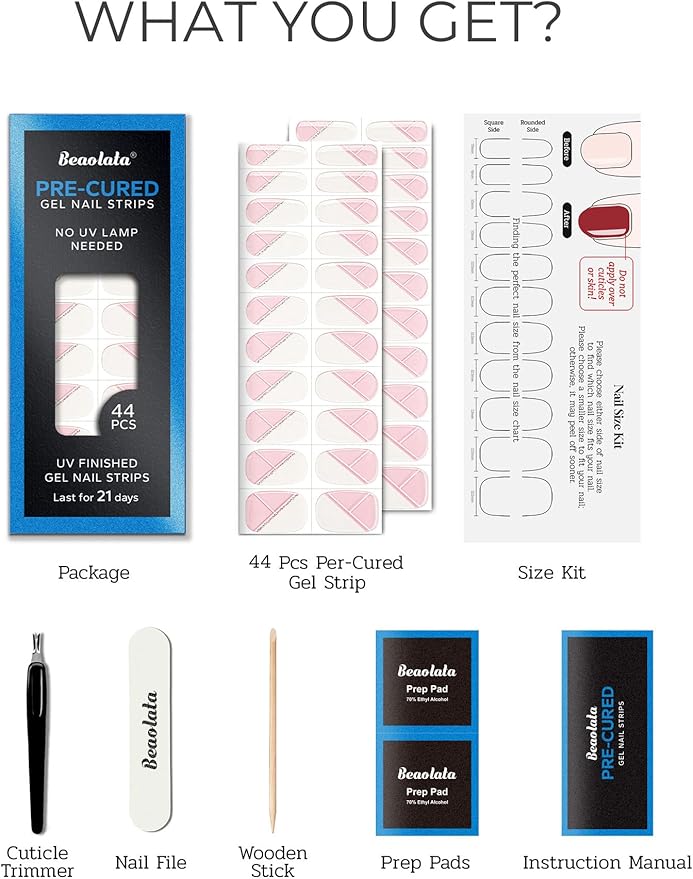 Real Gel Nail Strips (No UV Light Needed) - 44Pcs Salon Quality Nail Stickers - Long Lasting Polish Wraps for Women, Easy Apply & Remove (Minimalist Dawn)