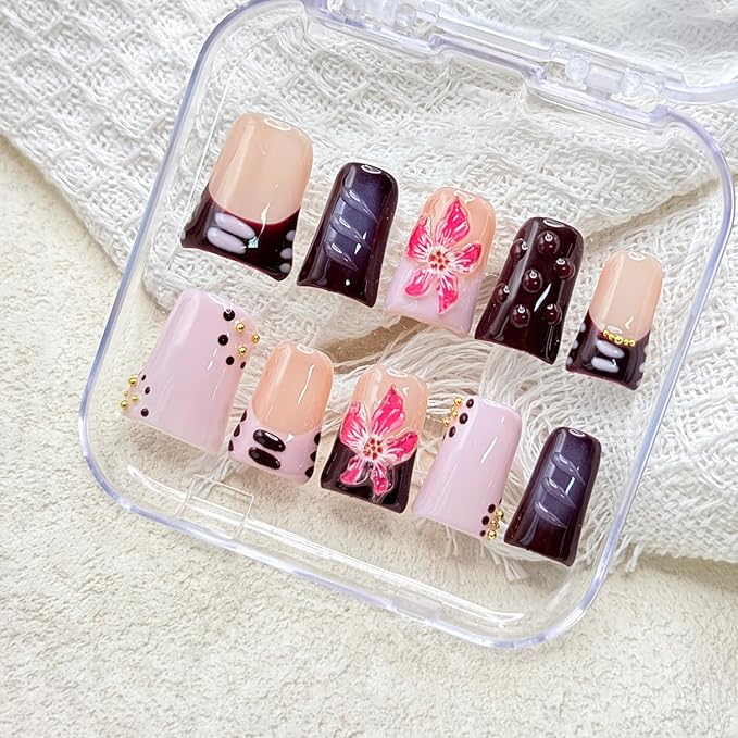 10 Pcs Handmade Duck Press on Nails 3D Art Flower Fake Nails with Golden Pearl Design Reusable Artificial Acrylic False Nail for Women Girls DIY（Size M)