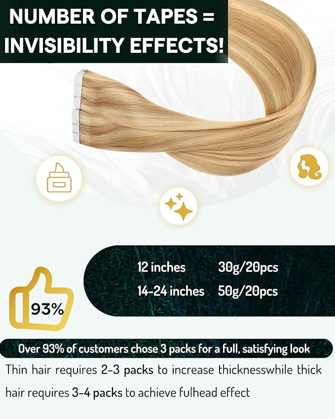 RUNATURE Blonde Tape in Hair Extensions Human Hair Seamless Tape in Extensions Short Tape ins Human Hair Extensions Blonde Highlights Remy Natural Hair Easy to Apply 12 Inch 30g 20pcs