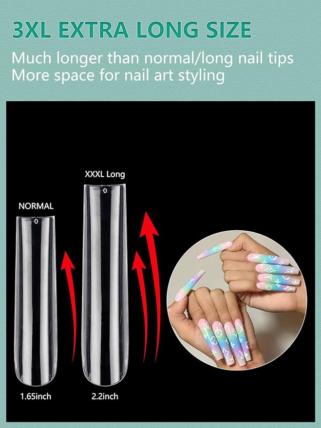 Individual Size 3 5 6 7 Full Cover Square Nail Tips for Acrylic Nails Professional, 200PCS 3XL Extra Long Straight Nail Tip, Straight Tapered Square Press on Nail Tip 4 Mostly Used Sizes