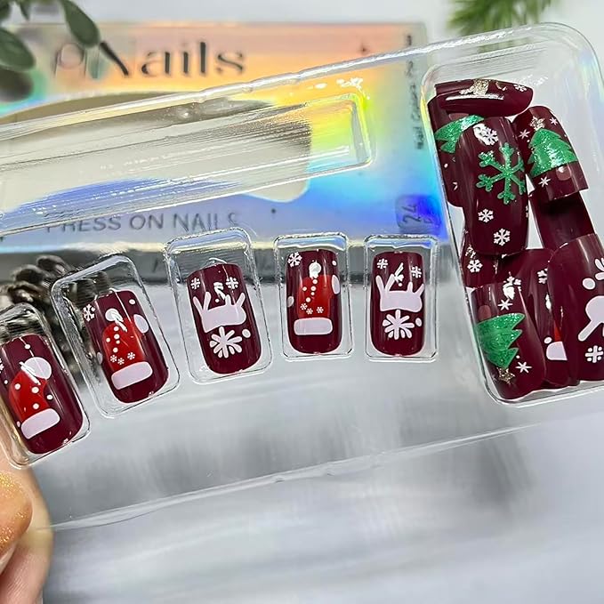 Christmas Press on Nails Medium Square Fake Nails with Snowflake Elk Stocks Christmas Tree Designs Red Xmas False Nail Winter Acrylic Artificial Stick on Nail for Women 24 Pcs