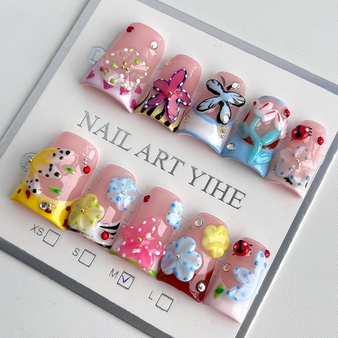 French Tip Press on Nails Handmade Short Duck 3D Flower Thick Acrylic Nails Cute False Nails with Floral Ladybug Butterfly Designs Glossy Fake Nail Sturdy Art Spring Press on Nail 10Pcs(M)