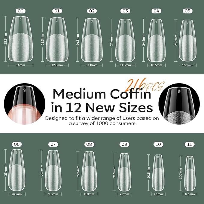 modelones Medium Coffin Gel Nail Tips Kit, 9-in-One Nail Glue with Portable U V Lamp 216Pcs 12Sizes Pre-Etched Press ons Fake Acrylic Extension Kit DIY Salon Gift for Women