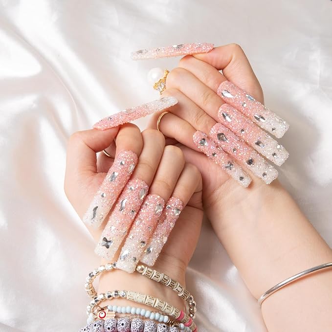 LOVFUL Press on Nails Berry Shake | Handmade with Full Covered Crystals | Reusable Fake Nails | Square | H56-S, pink