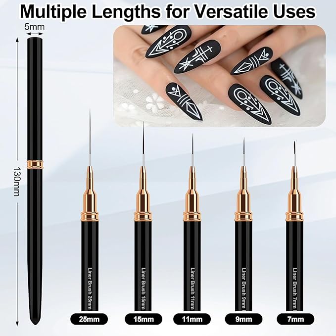 Nail Art Liner Brushes, 5Pcs Liner Brush For Nails, Painting Nail Art Brush Set Dotting Drawing Tool for Long Lines, Thin Details, UV Gel Polish Painting, Fine Drawing 7/9/11/15/25mm(Black)