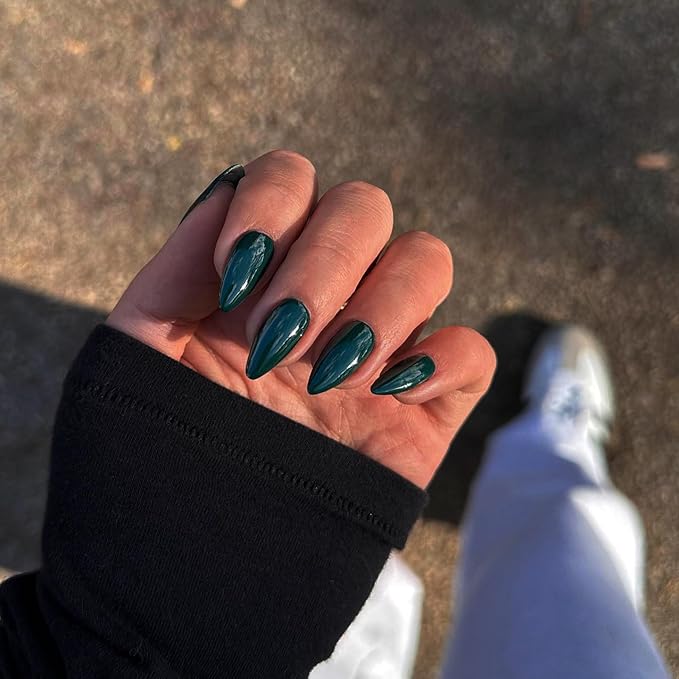 Dark Green Press on Nails Almond Shaped Medium Almond Nails Press on Neutral Acrylic Nails Reusable Fake Nails for Women Girls, Glue on Nails Medium Length Stiletto False Nails Gel Artificial Nails