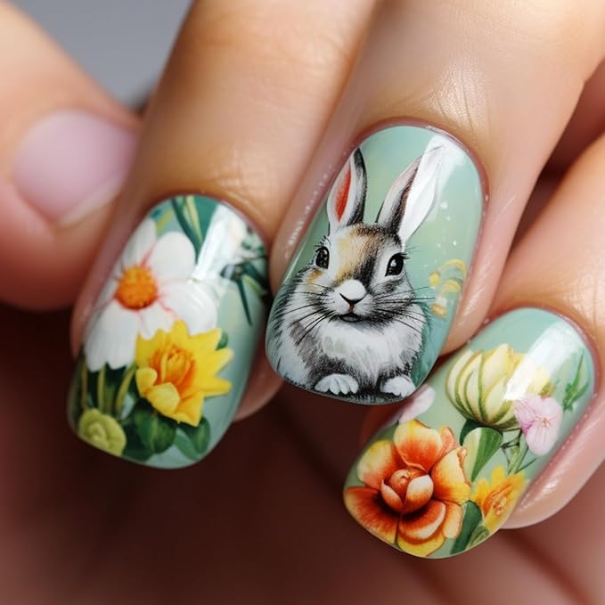 24 Pcs Easter Press on Nails Short Square Shaped Fake Nails Full Cover False Nails with Easter Cute Bunny Designs Spring Flower Acrylic Nails Glossy Green Stick on Nails for Women DIY Manicure