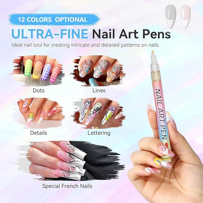 Nail Art Pens Set,12 Colors Nail Polish Graffiti Pens, Nail Varnish Pens, Waterproof Quick Dry Nail Drawing Pen, Acrylic Marker Pens 0.7mm Fine Tip Nail Point Graffiti Pens Nail Art Kit