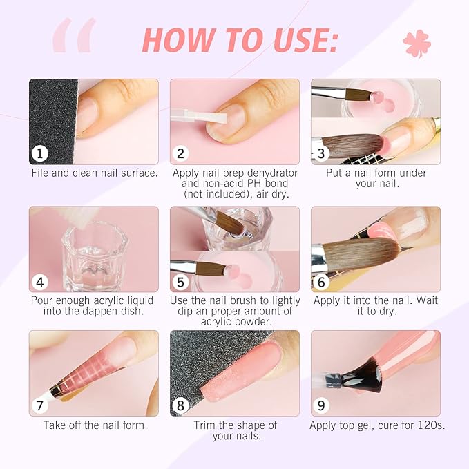 SAVILAND Acrylic Nail Kit: Big Capacity Acrylic Liquid 120ml and 30g Clear Pink White Powder Set with 5 Sizes Brushes for Beginner Nail Kit for Full Professional Nail Art Designs Home DIY Salon Gift