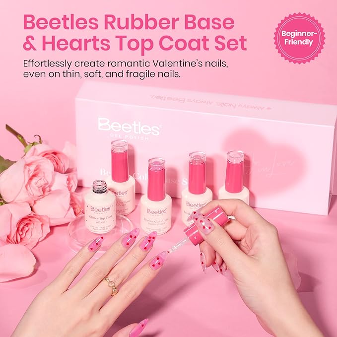 Beetles Rubber Base Gel Nail Polish with Gel Top Coat Pink & Red Heart Shape, 5 Colors Nude Gel Polish Pink Peach Neutral Sheer Nails Base Flexible U V LED Soak Off Gifts for Women
